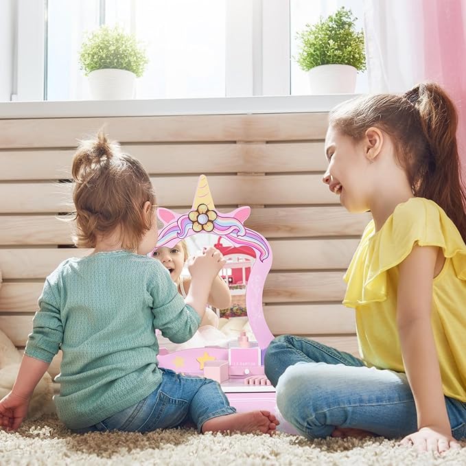 Wooden Vanity Set for Kids, Toddler Tabletop Beauty Salon Play Set w/Accessories & Drawer, Princess Makeup Pretend Play Vanity Table Toy with Mirror for Little Girls Age 3-8