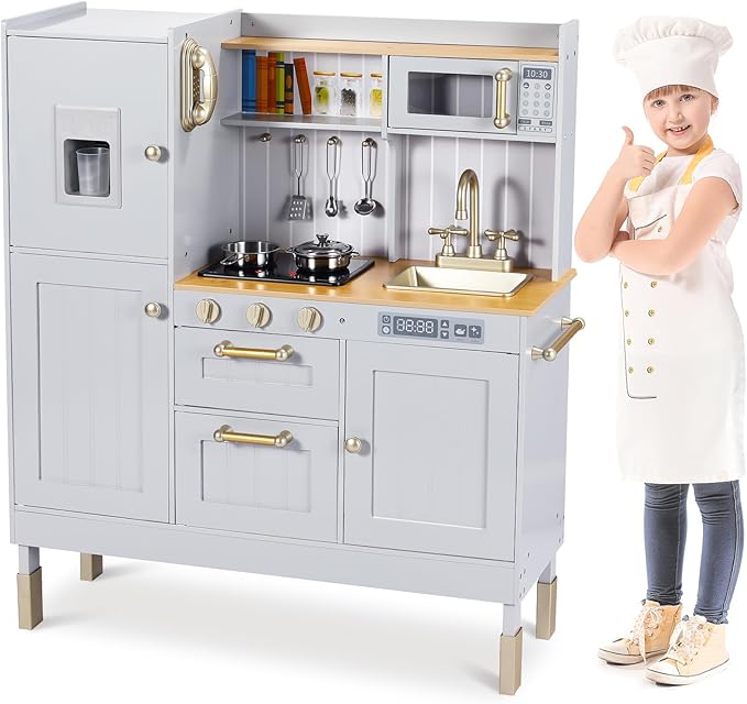 Wooden Play Kitchen for Kids, Toddler Vintage Kitchen Toy Set w/Pretend Phone, Ice Maker, Towel Rack, Height Adjustable Realistic Playset Chef w/Light & Sound (Gray)