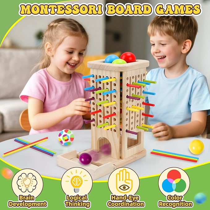 Montessori Wooden Board Games for Kids 3-8 Years: 40 Colorful Wooden Sticks 12-Sided Dice Game Math Educational Toys, Fine Motor Skills Toys for 5 Year Old, Family Games for Kids and Adults