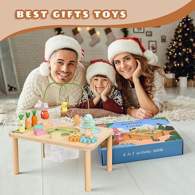 wingyz Activity Table, 6 in 1 Wooden Montessori Activity Center with Bead Maze Shape Sorter Fishing Game, Kids Sensory Play Table Toddler Toys 1st Birthday Gifts Boy Girl(Morandi-Square)