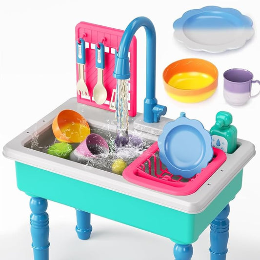 Doloowee Color Changing Kitchen Sink Toys,Electric Dishwasher Playing Toy Play Sink for Kids 3-5 with Running Water,Upgraded Faucet and Play Dishes,Pretend Play Kitchen Toys for Kids Boys Girls(Blue)