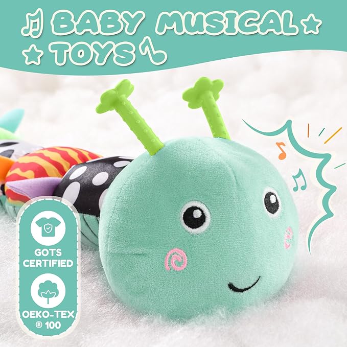 Baby Toys 0-6-12 Months,Musical Caterpillar Stuffed Animals Activity Infant Toys with Crinkle,Rattles,Mirror&Pull String,Muti-Sensory Toys Gifts for Newborn Tummy Time,Mint Blue|Leafy