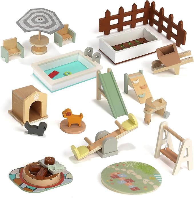26PCS Wooden Dollhouse Furniture Set, Outdoor Miniature Doll House Accessories Playset for Toddlers, Outdoor Scenes Poolside Playground Pretend Play Toy for Kids 3+