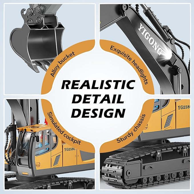 Remote Control Excavator Toy RC Play Excavator Construction Vehicles, 11CH 2.4Ghz RC Sand Digger with Metal Shovel & Light, Construction Truck Toys for Boys 3 4 5 6 7 8-12 Year Old Kids Birthday Gifts