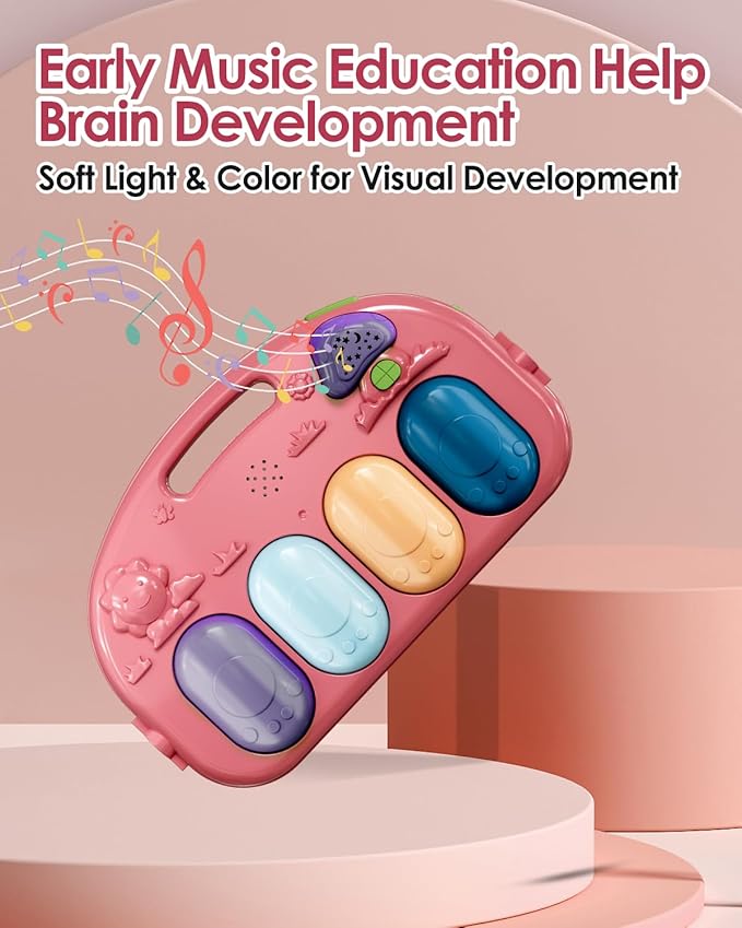 dearlomum Baby Play Mat Gym, Funny Play Piano Tummy Time Activity Mat with 5 Infant Sensory Toys, Music and Lights, Boy & Girl Gifts for Newborns 0 to 3 6 9 12 Months (Pink)