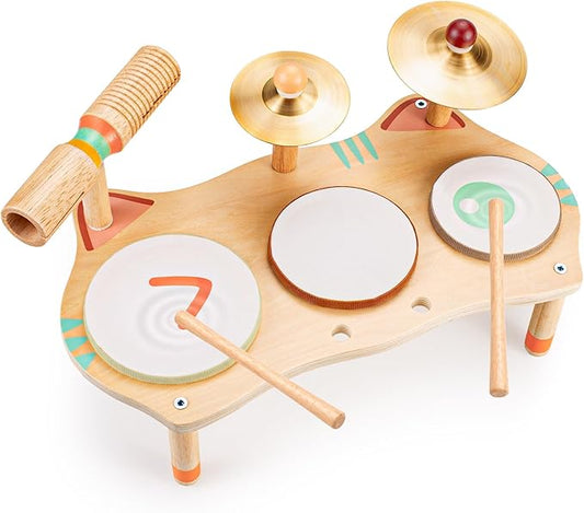 WINGYZ Kids Drum Set for Toddlers, All-in-One Montessori Musical Instruments - Wooden Music Toys for Baby, Neutral Colors, Sensory Preschool Drum Kit, Birthday Gifts for Boys Girls