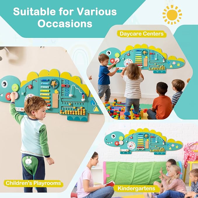 HONEY JOY Dinosaur Activity Wall Busy Board Panels, 11-in-1 Wooden Sensory Wall Panel for Kids, Toddler Learning Activity Center, Ideal for Playroom Daycare Nursery Classroom Dentist Office (Green)