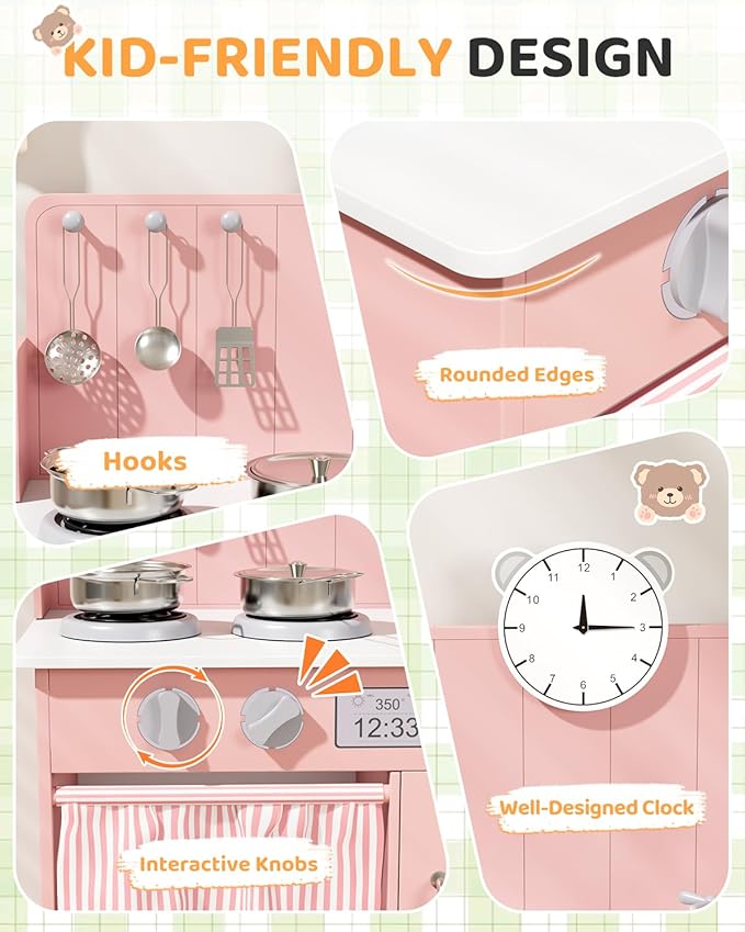 MAMIZO Play Kitchen for Toddlers, Wooden Kids Toy Kitchen Playset with Smart Storage, Ultimate Interactive, Simulated Gas Cooker, Sink & Faucet, 6 Pcs Cookware & Educational Clock (Pink)