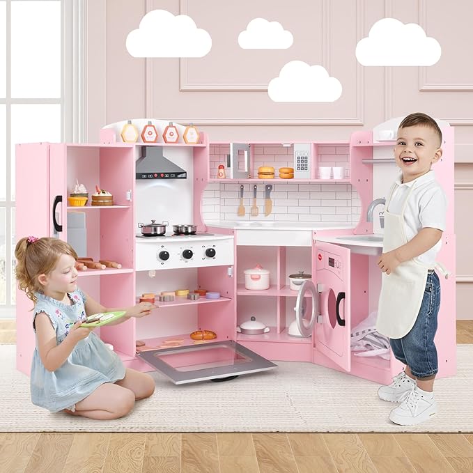 MAT EXPERT Kitchen Playset, Corner Kids Kitchen Playset with Ice Make, Washing Machine, Microwave, Sink, Range Hood, Toy Kitchen, Wooden Play Kitchen for Toddler, Gift for Boys Girls (Pink)