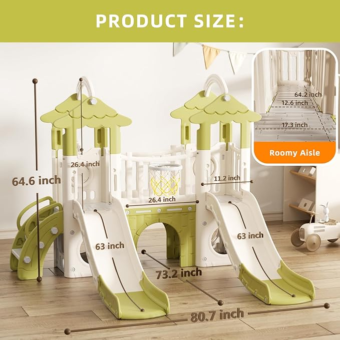 KORIMEFA 10-in-1 Toddler Slide, Kid Double Slide for Toddlers Age 1-3, Basketball Hoop, and Telescope, Indoor Outdoor Slide Toddler Playset Toddler Playground, Forest Themed Green, FE-ST-SWW0464