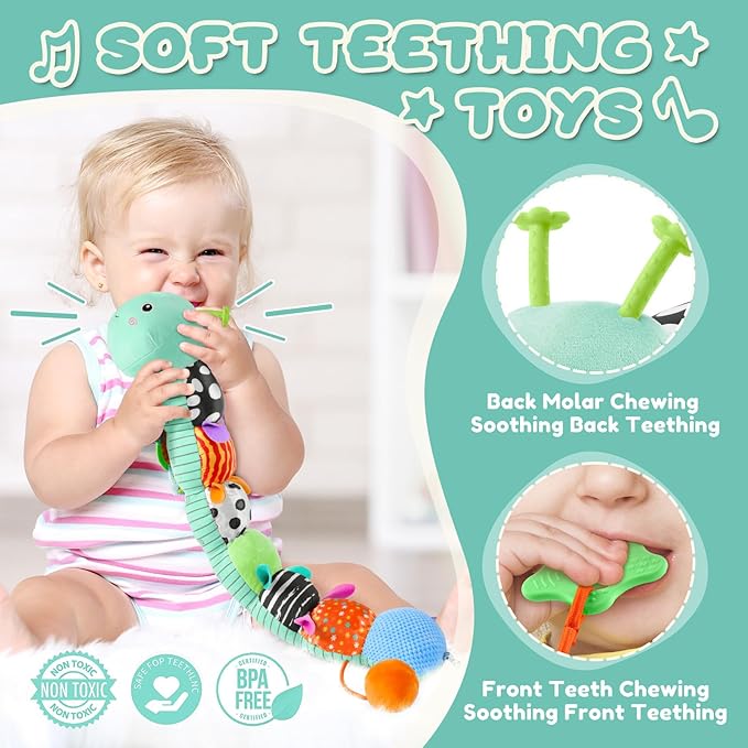Baby Toys 0-6-12 Months,Musical Caterpillar Stuffed Animals Activity Infant Toys with Crinkle,Rattles,Mirror&Pull String,Muti-Sensory Toys Gifts for Newborn Tummy Time,Mint Blue|Leafy