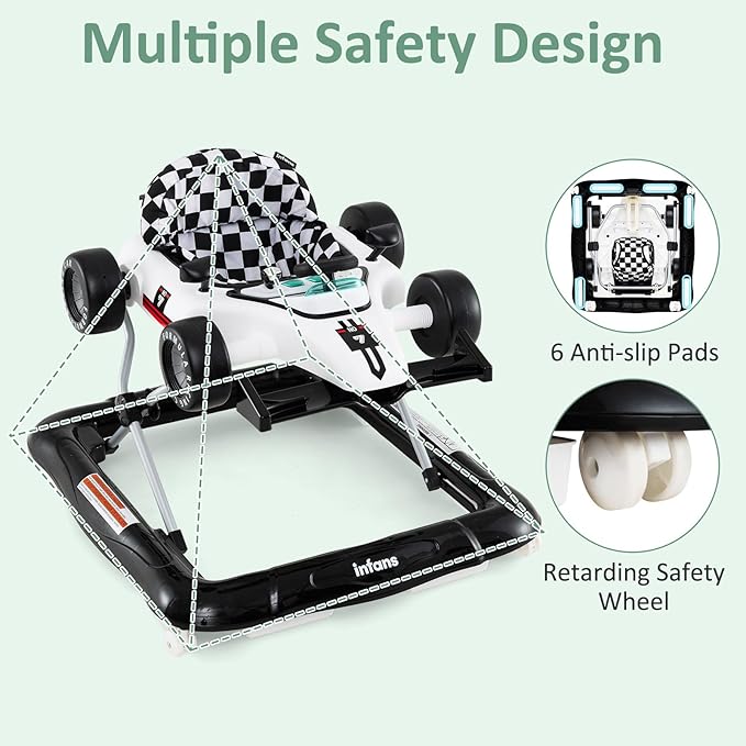 INFANS 4 in 1 Baby Walker, Foldable Toddler Activity Center with Adjustable Height, Padded Seat, Music, Light, Removable Tray, Push Walker for Girls Boys Aged 6-18 Months (Ivory)