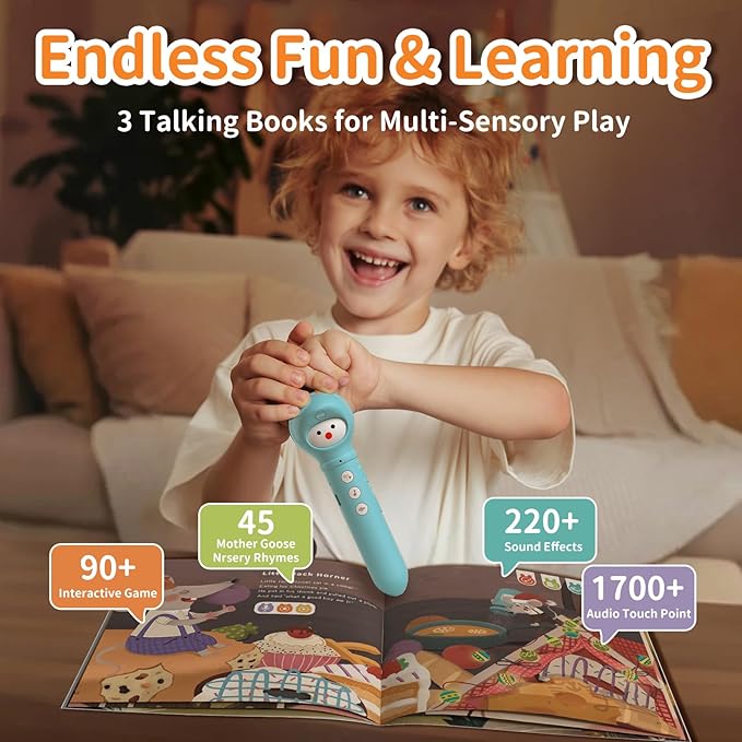 alilo Talking Pen Books Sets for Toddlers 3-6, Kids Learning Electronic Toys, Early Educational Gifts for Boys Girls, with 3 Interactive Audio Sound Books, 100 Talking Flash Cards, Alphabet