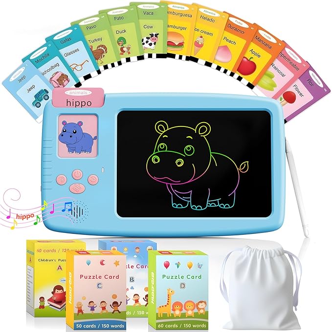Talking Flash Cards for Toddlers: 2-in-1 LCD Writing Tablet Kids - Montessori Language Learning with 510 Words - Autism & Speech Therapy Toys for Children Gifts, Blue