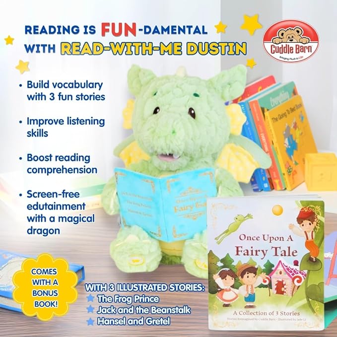 Cuddle Barn - Read-with-Me Dustin | Soft Storytelling Plush with Board Book | Fluffy Green Dragon Stuffed Animal Sways and Moves Mouth | Reads 3 Fairy Tales with Pause and Skip Buttons - 12 inches