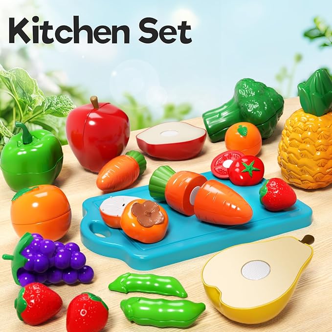 Toddler Toys Play Food Set, Learning Toy Cutting Food with Color Sorting Basket, Pretend Play Kitchen for Toddler 1-3 Preschool Learning Activities Montessori Toys for 1 2 3 Year Old Toddlers Kids