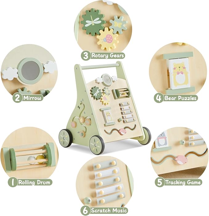 Beright Wooden Baby Walker Push and Pull Learning Activity Walker Kids’ Activity Toy Multiple Activities Center Develops Motor Skills & Stimulates Creativity(Green)