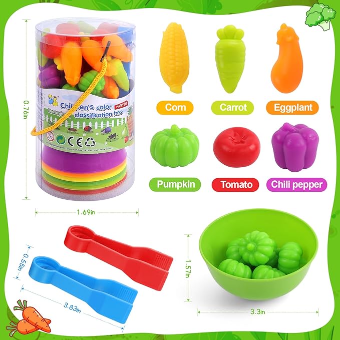 USATDD Counting Vegetables Color Sorting Matching Games with Bowls Preschool Learning Activities for Educational Sensory Montessori STEM Toy Sets for Toddlers Kids Boys Girls Aged 3-5