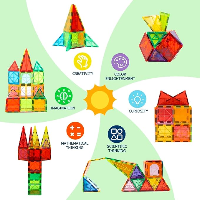 EchoPlan Magnetic Tiles, 130PCS Magnetic Blocks with 2 Cars, Magnet Tiles 3D Clear Building Blocks Set, STEM Sensory Educational Toys Gift for Toddlers Kids Boys 3 4 5 6 7 8 9+ Year Old
