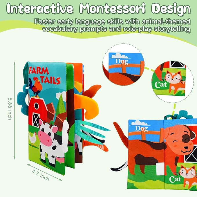 Baby Books Toys 0-12 Months with Teether,Tummy Time Crinkle Sensory Toys,High Contrast Touch & Feel Soft Book, Early Learning Infant Toys,Shower Gift for Boys Girls (Farm Animals)