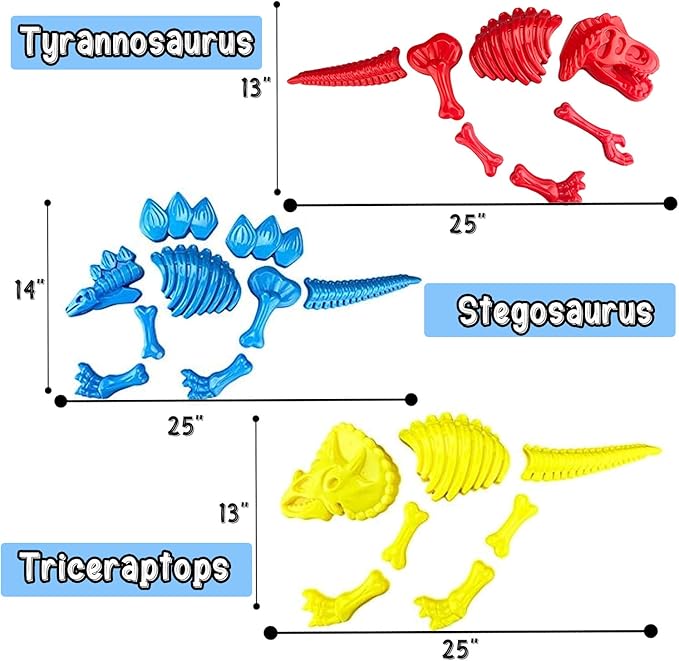 Liberty Imports 3 Pack Large Dinosaur Fossil Sand Molds Beach Toy Set with Rake and Shovel for Kids Summer Outdoors (25 Pcs Playset)