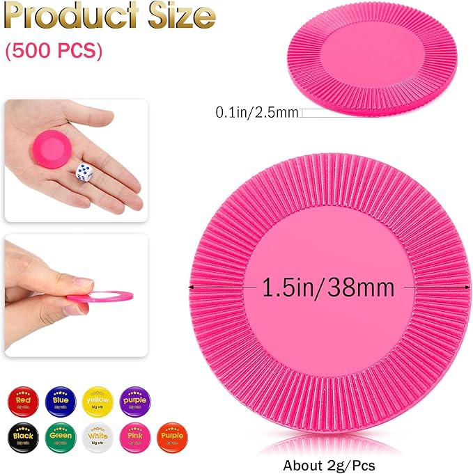 Leitee 500 Pcs Pink Plastic Poker Chips Bulk 1.5 Inch Mini Bingo Chips Tokens Markers Blank Casino Counting Discs Learning Math Counters for Adults Interlocking Game Counting Reward Card