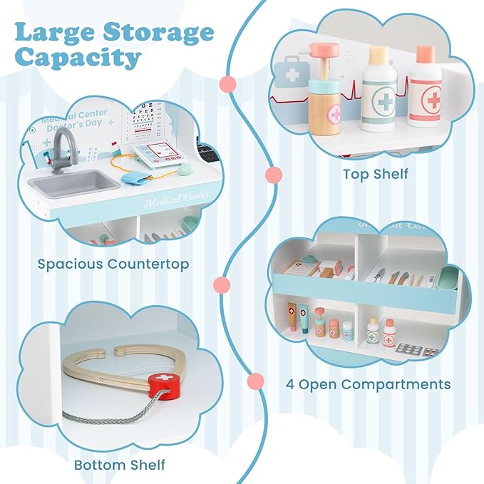 KOTEK Kids Doctor Play Set with 24 PCS Accessories, Wooden Medical Station with Eye Chart, ECG Monitor, X-Ray Film, Pretend Play Hospital Center for Toddlers, Toy Doctor Kit for Girls Boys (Blue)