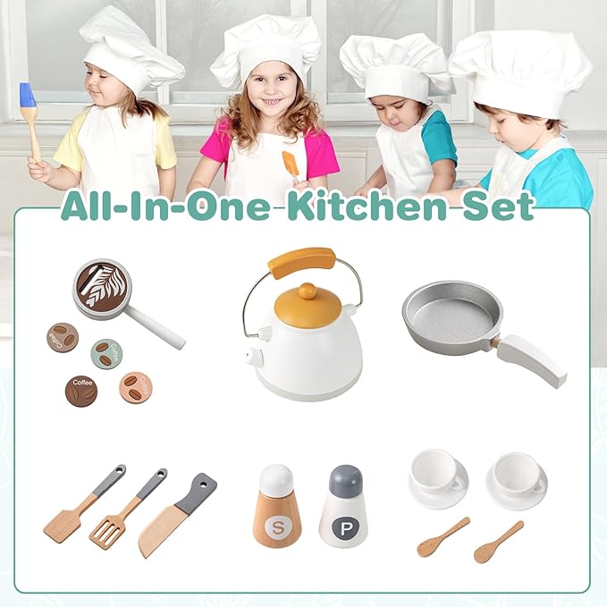 INFANS Corner Kids Kitchen Playset, Toddler Wooden Pretend Cooking Set with Lights Sounds Coffee Machine Washing Machine, Stove Removable Sink Storage Cabinet, Simulation Play Kitchen Toy (White)