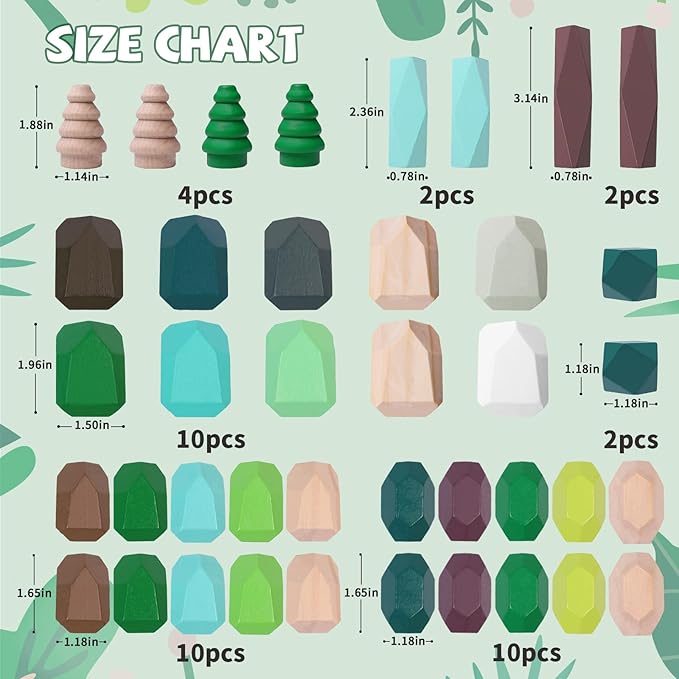40 PCS Wooden Stacking Rocks Building Blocks Forest Theme, Sensory Learning Montessori Toys for 3 4 5 Year Old Kids, Preschool Educational STEM Toys Toddler Games Birthday Gifts for Girls Boys