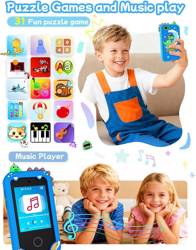 Kids Smart Phone Toy for Boys, Touchscreen Learning Toy Phone for Kids Ages 3-8, Educational Pretend Phone with Dual Camera, Music, Games, ABC Learning & Habit Reminder, Boys Birthday