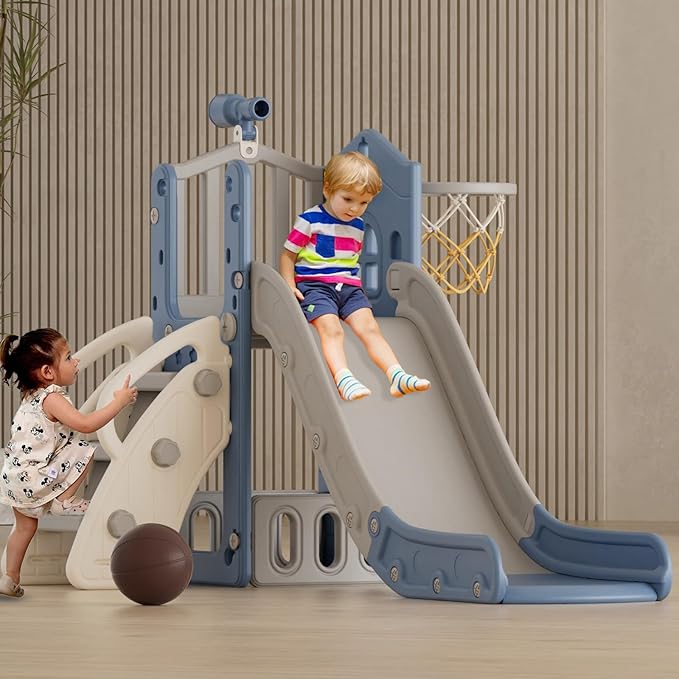 XJD 5 in 1 Toddler Slide, Kids Slide for Toddlers Age 1-3, Outdoor Indoor Playset for Toddlers with Basketball Hoop and Ball, Storage Space Christmas Birthday Gifts for Toddler (Blue)