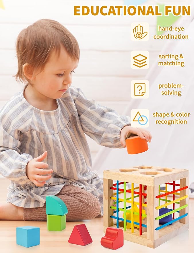 Montessori Toy for Toddlers, Shape Sorter for Babies, Wooden Shape Sorting Cube with 8 Rattling Blocks Baby Toys, Educational Learning Toy, Best Gift for Your Babies Boys Girls