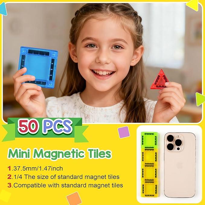 Enjoyjoy Mini Magnetic Tiles - 50PCS Travel Magnetic Tiles Set with Metal Case Portable On-The-Go Magnet Tiles for Kids Magnet Building Blocks Ages 3+ Boys and Girls Christmas Birthday Gift