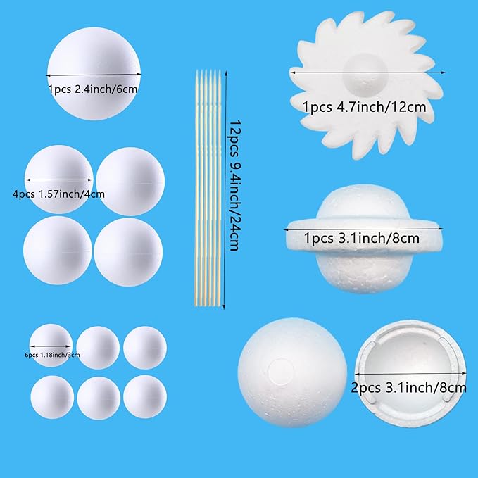 Acrice Solar System Model Kit for Kids Includes 14PCS Mixed Sized Foam Balls, 12PCS Bamboo Sticks, 12 Color Pigments, 2PCS Painting Brushes for School Science Projects and DIY Planet Handcraft
