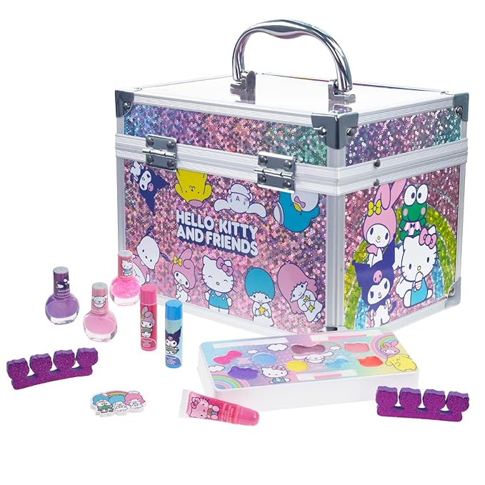 Hello Kitty & Friends - Townley Girl Train Case Makeup Set for Kids, Includes Lip Gloss, Eye Shimmer, Nail Polish, Brushes, and More! Perfect for Parties, Sleepovers, and Makeovers. Non-Toxic, Ages 3+