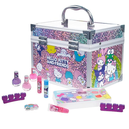 Hello Kitty & Friends - Townley Girl Train Case Makeup Set for Kids, Includes Lip Gloss, Eye Shimmer, Nail Polish, Brushes, and More! Perfect for Parties, Sleepovers, and Makeovers. Non-Toxic, Ages 3+