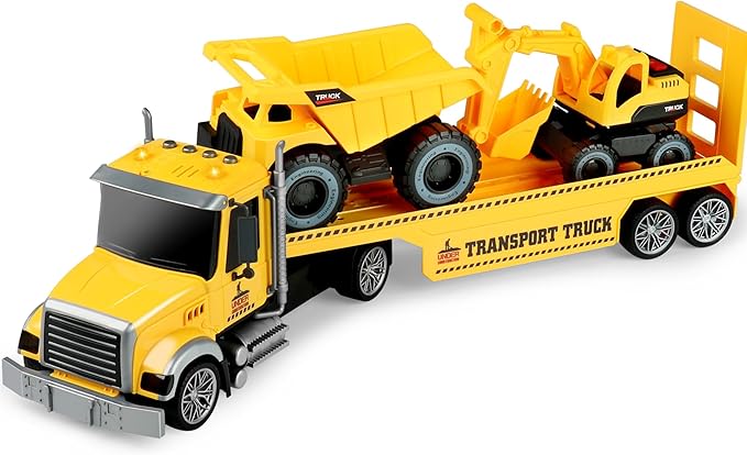 Dwi Dowellin 27" Large Friction Powered Construction Truck Car Toy with Excavator and Dump Truck, Semi-Trailer Toys for 3 4 5 Years Old Toddlers Kids Boys & Girls Gift