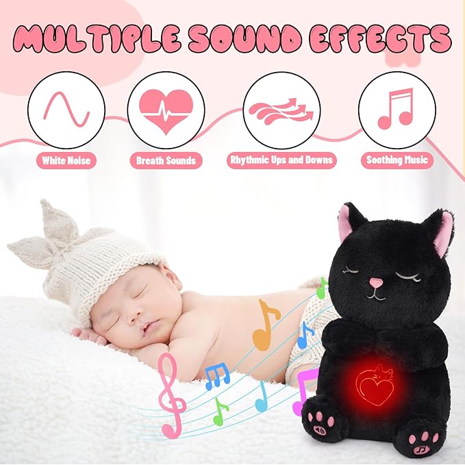 Breathing Stuffed Animal - Black Cat Plush Baby Toy, Soothing Sound Machine with Realistic Breathing Motion and Lights, Sleeping Plushies Gifts for Anxiety Adults and Kids