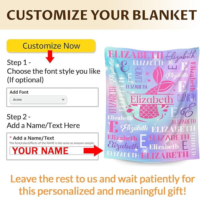 Personalized Mermaid Blankets for Kids Teens Adults, Girls Women Throw Blanket Gifts for Mermaid Lovers, Custom Name Soft Warm Flannel Monogram Blankets Decor for Bed Couch Sofa Home Room