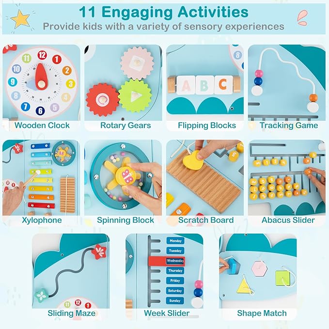 HONEY JOY Dinosaur Activity Wall Busy Board Panels, 11-in-1 Wooden Sensory Wall Panel for Kids, Toddler Learning Activity Center, Ideal for Playroom Daycare Nursery Classroom Dentist Office (Blue)