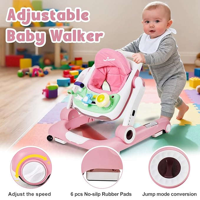 5 in 1 Baby Walker, Activity Baby Walker-Baby Bouncer, Rocker, Activity Center,Seat and Push Walker,Detachable Trampoline Mat, Adjustable Speed Rear Wheels and Height,Ages 6-18 Months