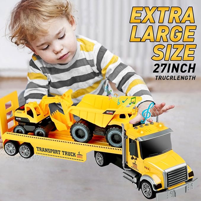 Dwi Dowellin 27" Large Friction Powered Construction Truck Car Toy with Excavator and Dump Truck, Semi-Trailer Toys for 3 4 5 Years Old Toddlers Kids Boys & Girls Gift