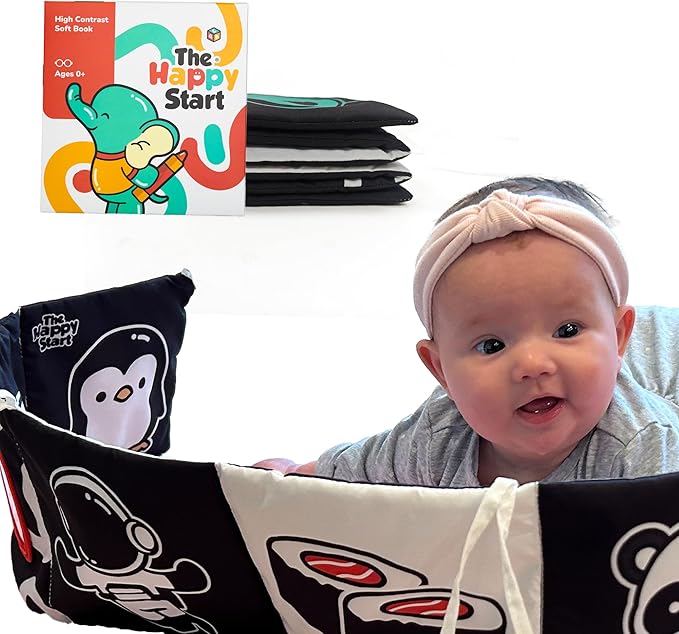 Happy Start High Contrast Baby Soft Book - Sensory Cloth Book for Newborns and Infants 0-12 Months with Mirror, Crinkle & Squeaker | Baby Tummy Time Toy, Crib, Stroller & Travel Developmental Toy