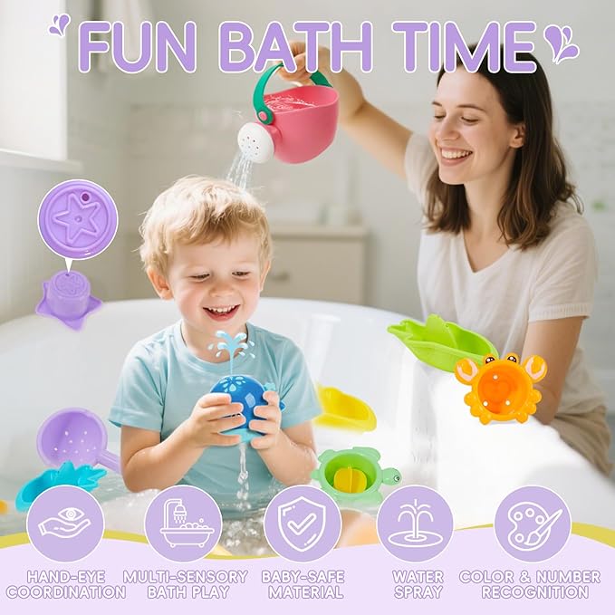 Mold Free Bath Toys, 11PCS | Safe Easy Clean & Fun Floating Boats & Spoon & Watering Can and Whale Bath Toy for Babies 12+ Months | Colorful Bathtub Pool Water Table Sand Toys for Babies and Toddlers
