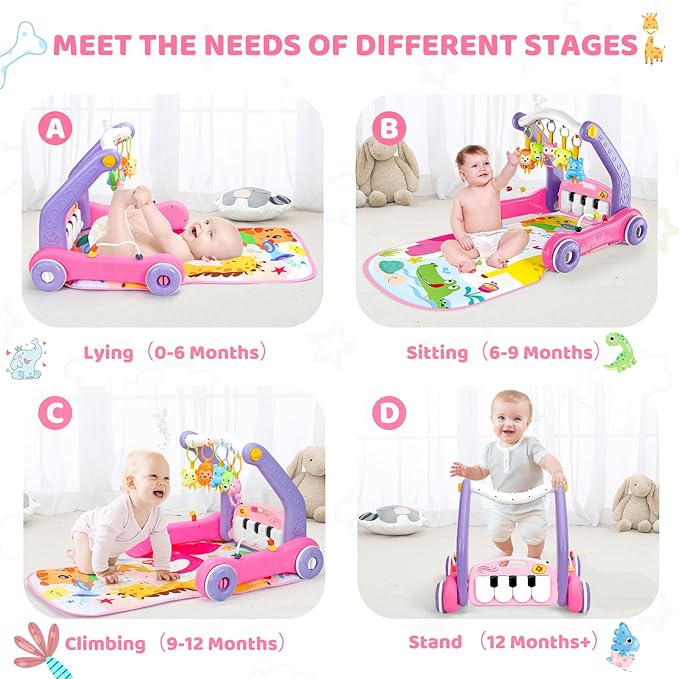 4-in-1 Baby Gym Play Mat with Learning Walker, Tummy Time Mat & Baby Push Toys for Newborn Infant 0-3-6-9-12 Month Boy Girl, Babies Activity Center with Play Piano & Lights, Ideal Toddler Babies Gifts