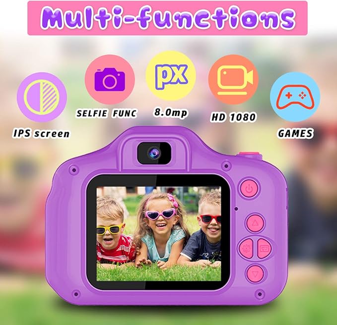 Seckton Upgrade Kids Selfie Camera, Christmas Birthday Gifts for Girls Age 3-9, HD Digital Video Cameras for Toddler, Portable Toy for 3 4 5 6 7 8 Year Old Girl with 32GB SD Card-Purple