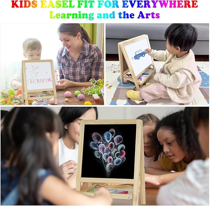 Kids Tabletop Double-Sided Wooden Art Easel - Chalkboard & Whiteboard Painting Board for Toddlers, Dry-Erase Classroom Desk Easel with Chalk, Markers, Eraser, Magnetic Letters/Numbers & Flashcards