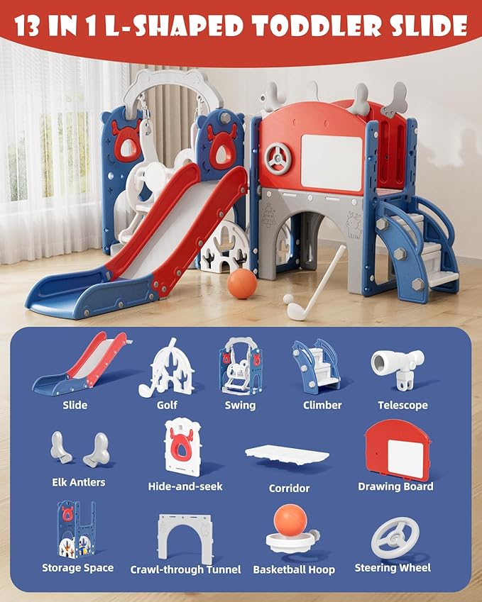 YUFU 13 in 1 Toddler Slide and Swing Set, Kids Slide for Toddlers Age 1-3, Toddler Playset with Golf Set, Basketball Hoop and Drawing Board, Outdoor Indoor Playground (Blue Red)