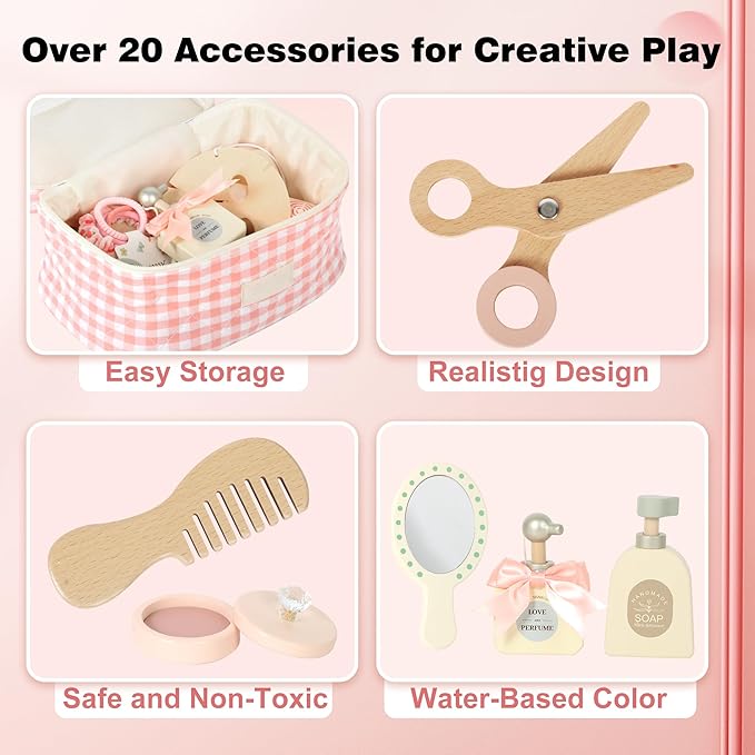 Wooden Makeup Toy Set, Pretend Play Makeup Set for Kids Toddlers, Play Beauty Makeup Kit for Girls 3 4 5 6 7 Year Old