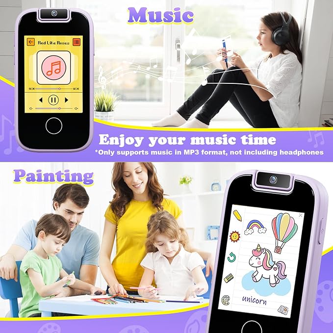 PTHTECHUS Kids Phone Toys for Girls Boys - Toddler Touchscreen MP3 Music Player with Dual Camera, Habit Tracker, Games, Alphabet, Educational Learning Toys Birthday Easter Gifts for 3-7 with SD Card
